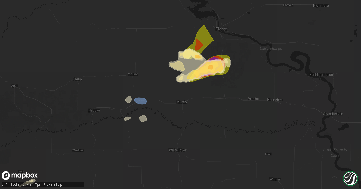 Hail map in Murdo, SD on July 25, 2026