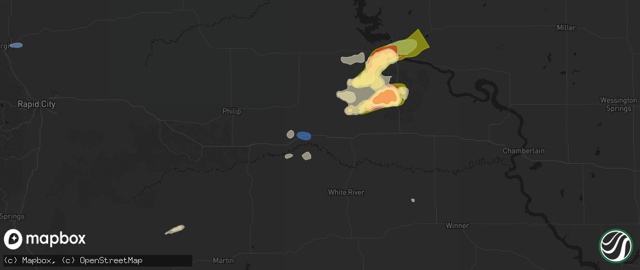Hail map in Okaton, SD on July 25, 2026
