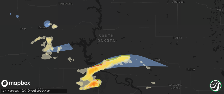 Hail map in Onida, SD on July 25, 2026