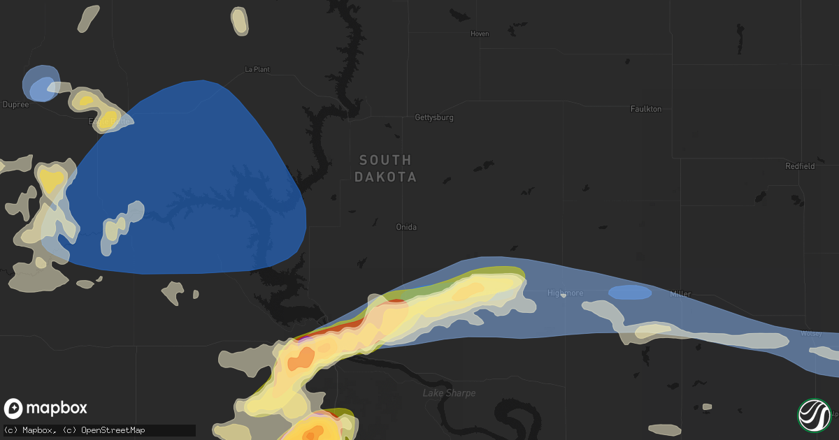 Hail map in Onida, SD on July 25, 2026