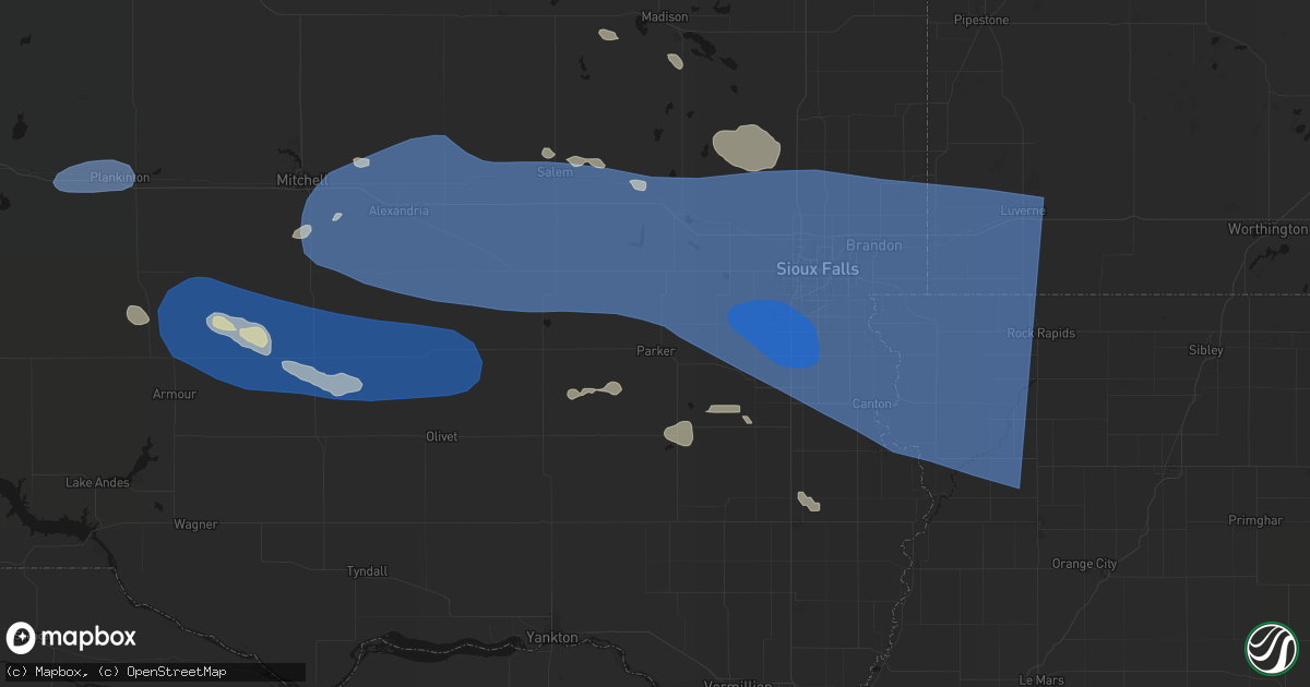 Hail map in Parker, SD on July 25, 2026