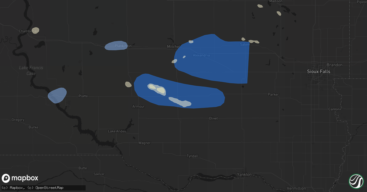 Hail map in Parkston, SD on July 25, 2026