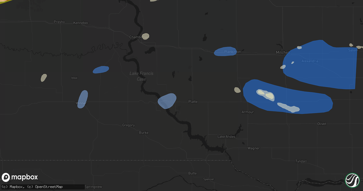 Hail map in Platte, SD on July 25, 2026