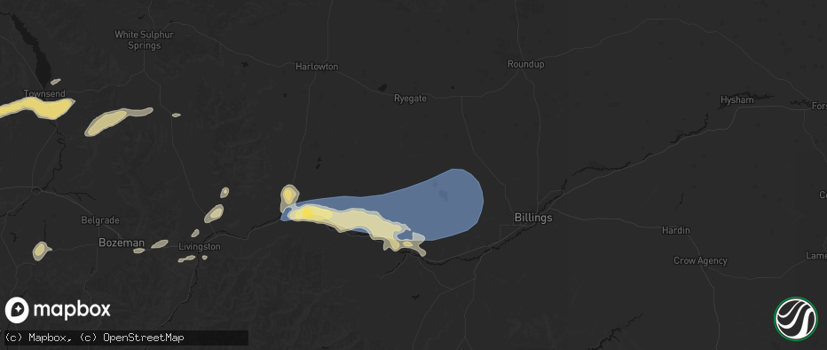 Hail map in Rapelje, MT on July 25, 2026