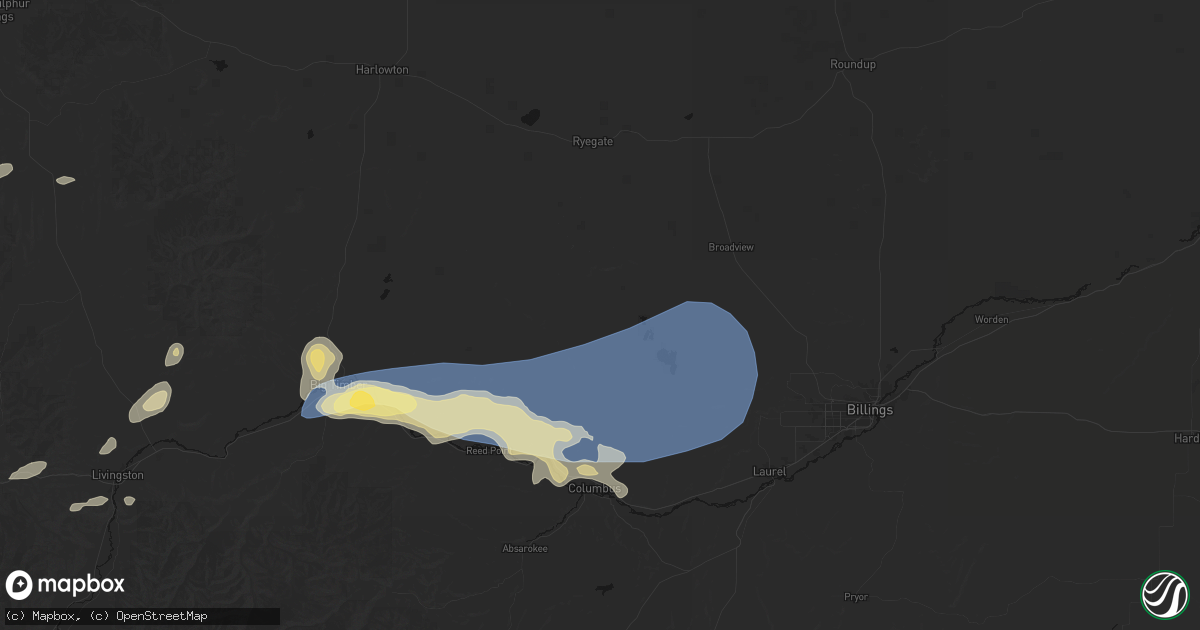 Hail map in Rapelje, MT on July 25, 2026