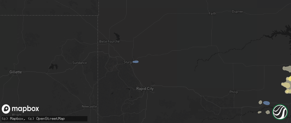 Hail map in Sturgis, SD on July 25, 2026