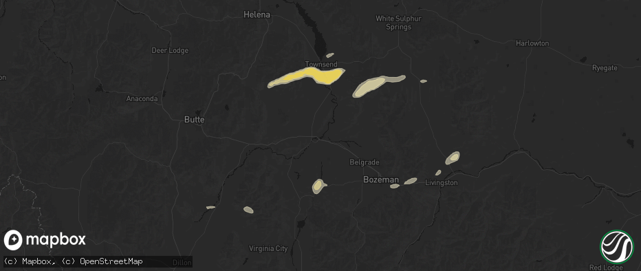 Hail map in Three Forks, MT on July 25, 2026