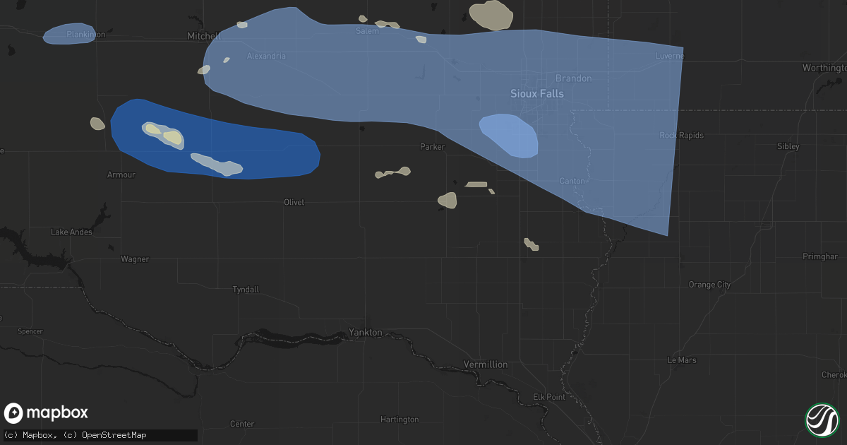 Hail map in Viborg, SD on July 25, 2026