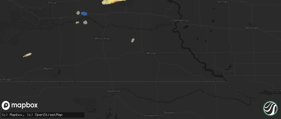 Hail map in Winner, SD on July 25, 2026