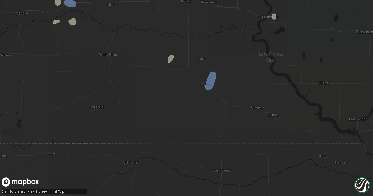 Hail map in Winner, SD on July 25, 2026