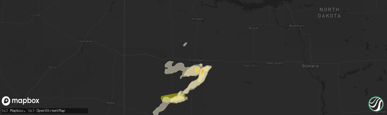 Hail map in Dickinson, ND on July 26, 2015