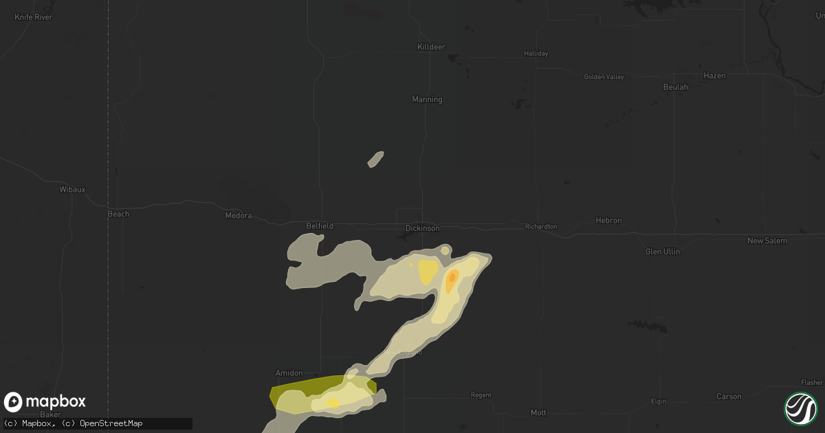 Hail map in Dickinson, ND on July 26, 2015