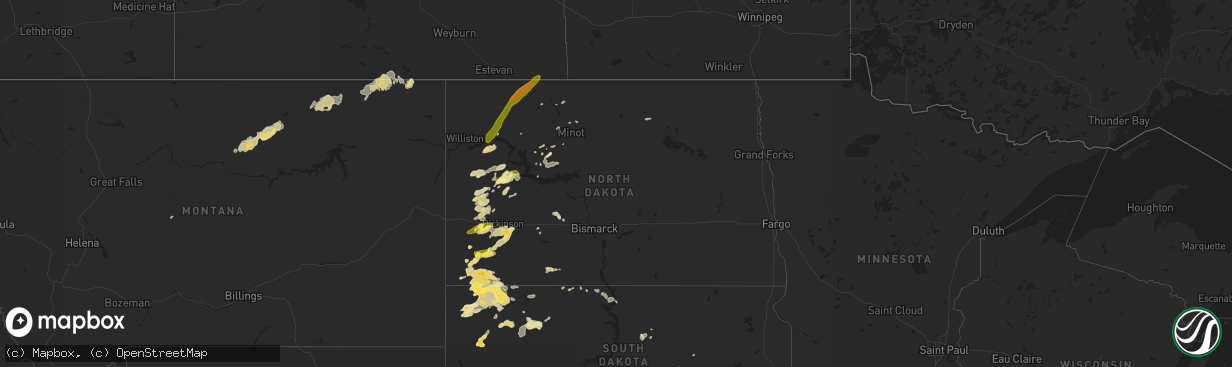 Hail map in North Dakota on July 26, 2015