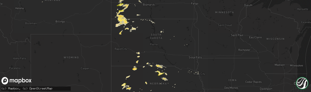 Hail map in South Dakota on July 26, 2015