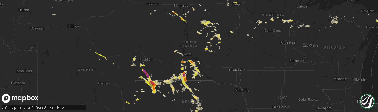 Hail map in South Dakota on July 26, 2016