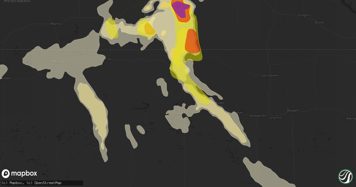 Hail map in Valentine, NE on July 26, 2016