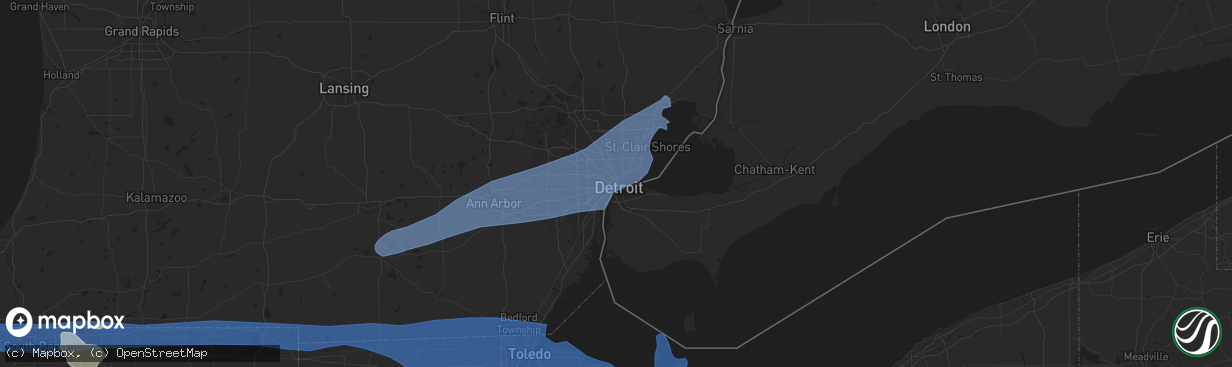 Hail map in Detroit, MI on July 26, 2023
