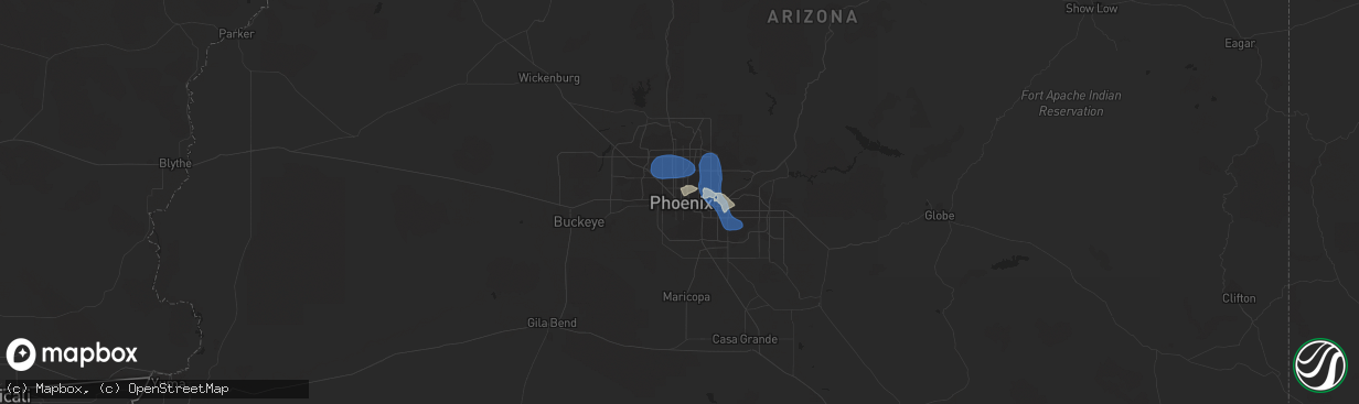Hail map in Phoenix, AZ on July 26, 2023