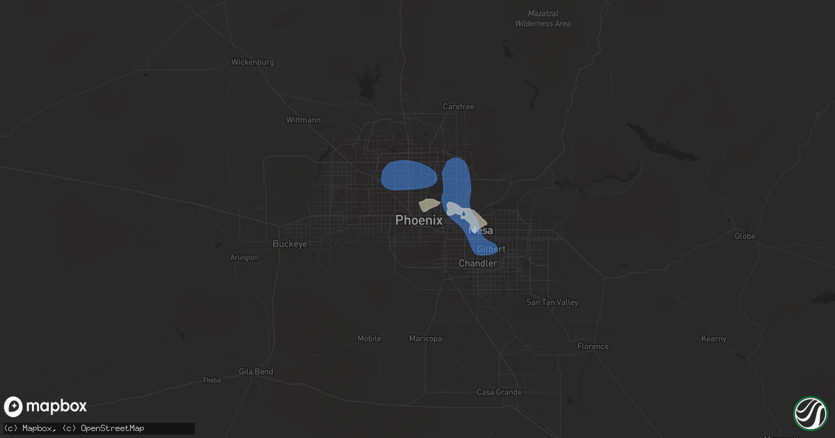 Hail map in Phoenix, AZ on July 26, 2023