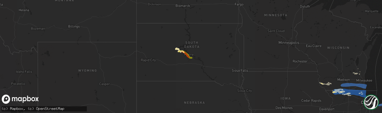 Hail map in South Dakota on July 26, 2023