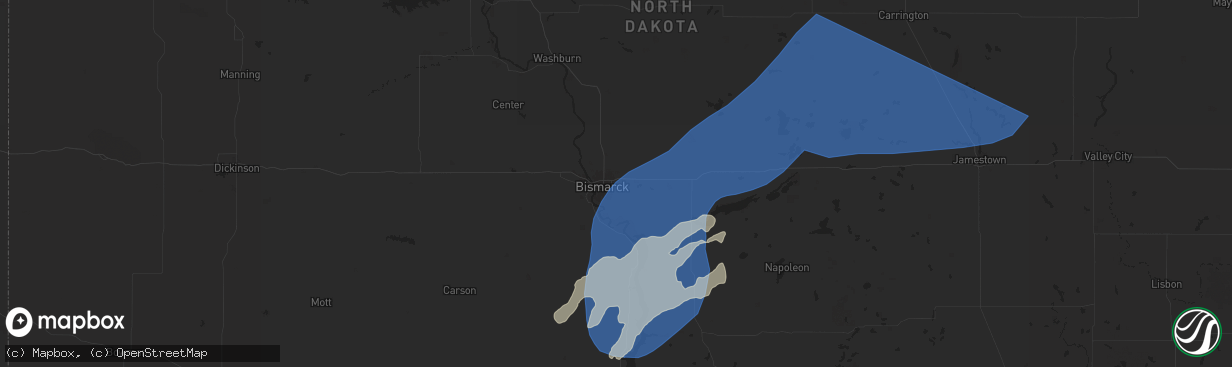 Hail map in Bismarck, ND on July 26, 2025