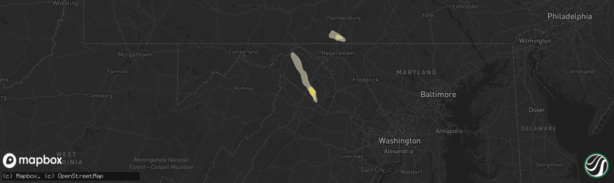 Hail map in Bunker Hill, WV on July 26, 2025