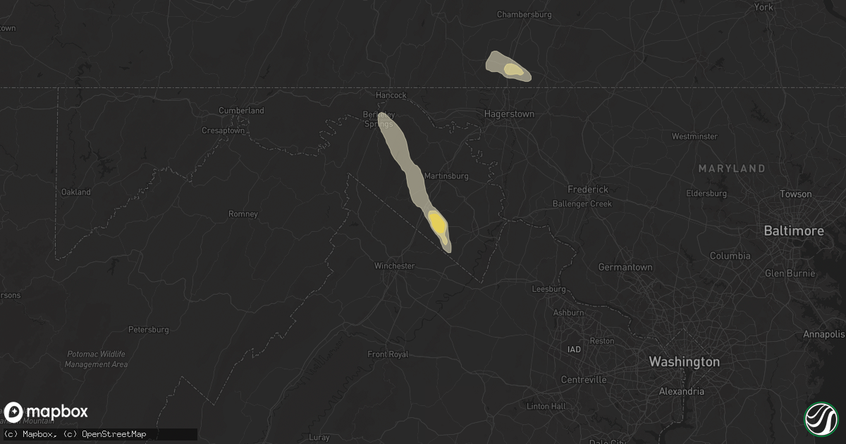 Hail map in Bunker Hill, WV on July 26, 2025
