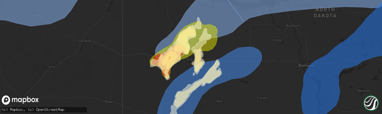 Hail map in Dickinson, ND on July 26, 2025