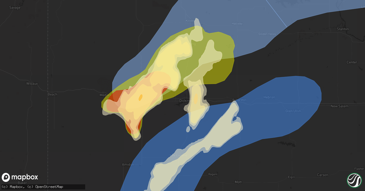 Hail map in Dickinson, ND on July 26, 2025