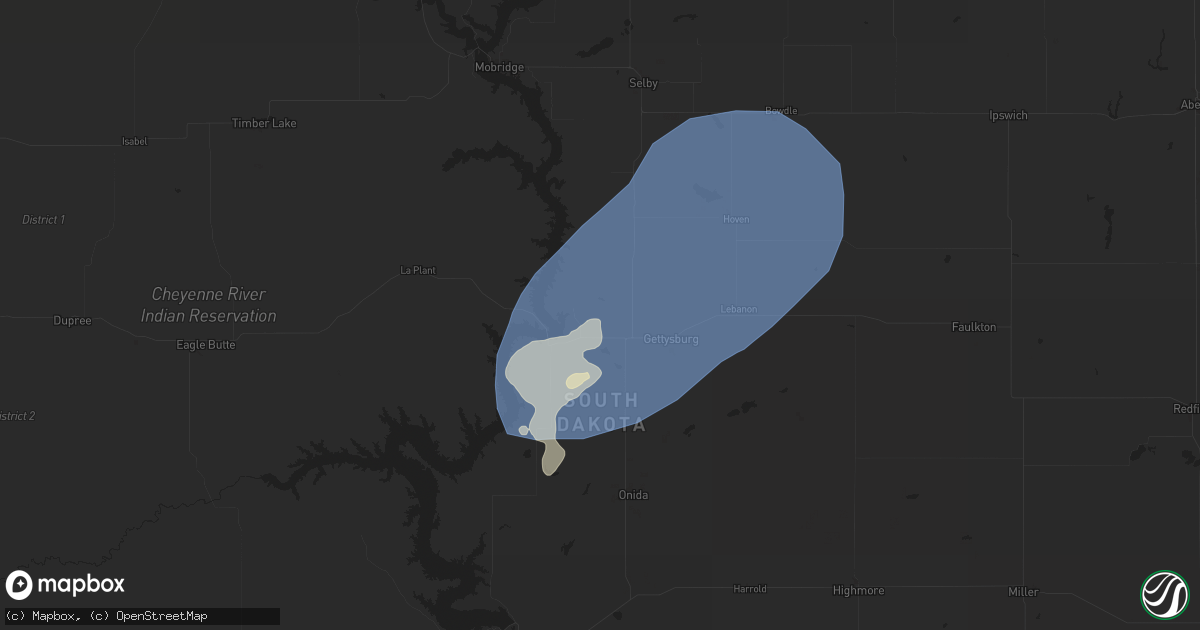 Hail map in Gettysburg, SD on July 26, 2025