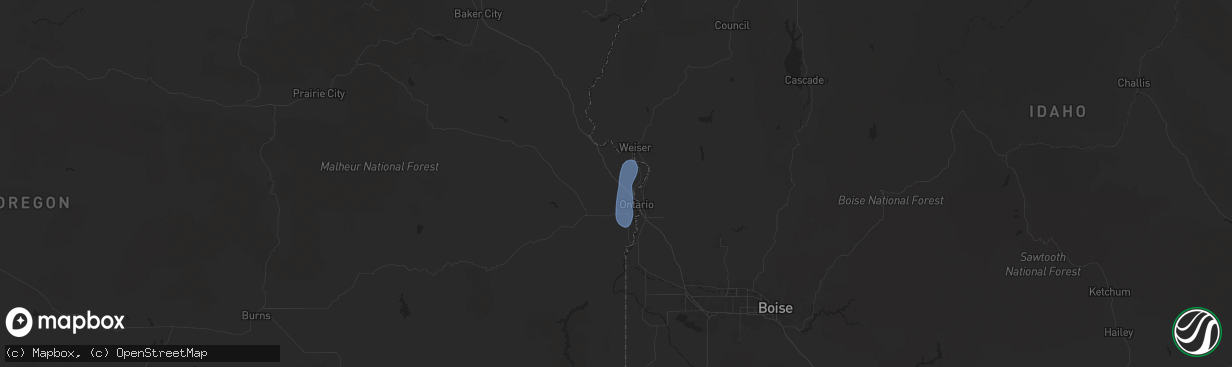 Hail map in Ontario, OR on July 26, 2025