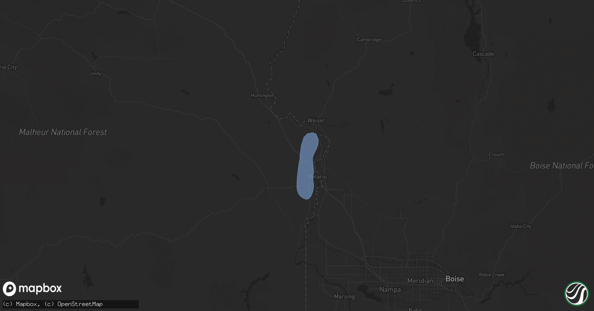 Hail map in Ontario, OR on July 26, 2025