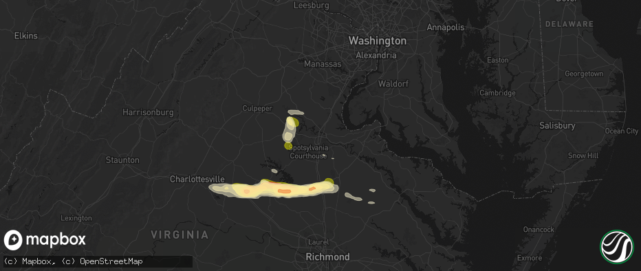 Hail map in Fredericksburg, VA on July 26, 2026