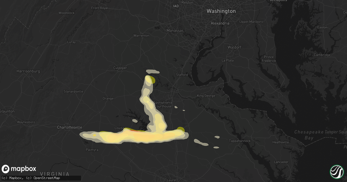 Hail map in Fredericksburg, VA on July 26, 2026