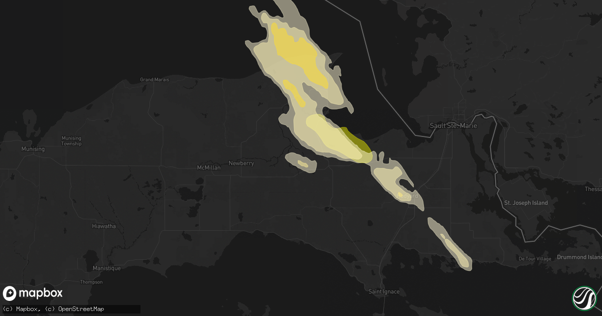 Hail map in Hulbert, MI on July 26, 2026
