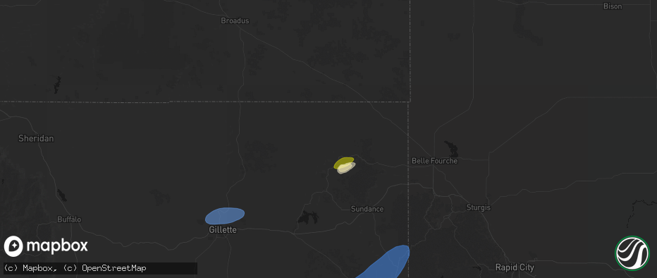Hail map in Hulett, WY on July 26, 2026