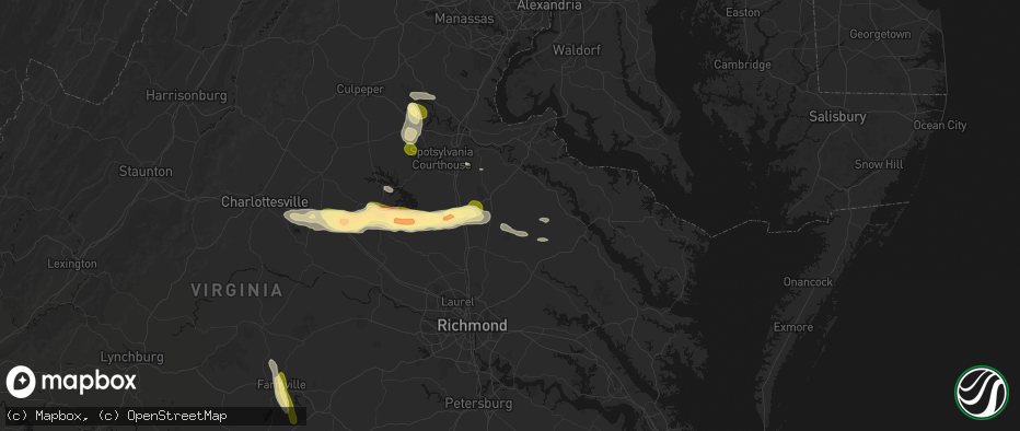 Hail map in Milford, VA on July 26, 2026
