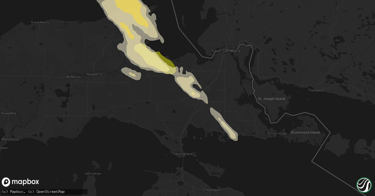Hail map in Rudyard, MI on July 26, 2026