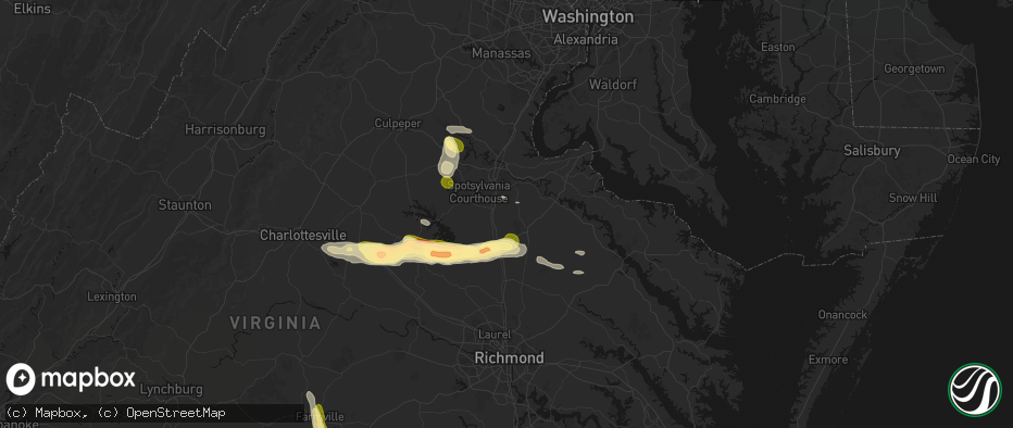 Hail map in Woodford, VA on July 26, 2026