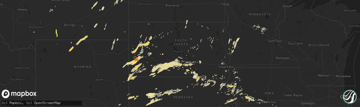 Hail map in South Dakota on July 27, 2015