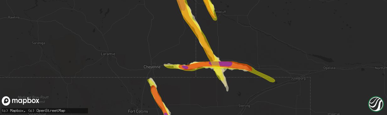 Hail map in Pine Bluffs, WY on July 27, 2016