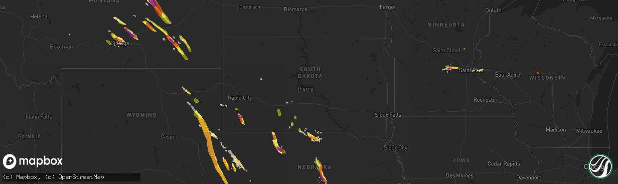 Hail map in South Dakota on July 27, 2016