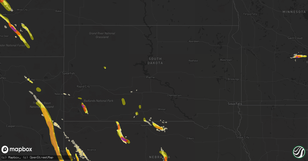 Hail map in South Dakota on July 27, 2016