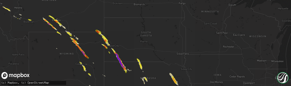 Hail map in South Dakota on July 27, 2018