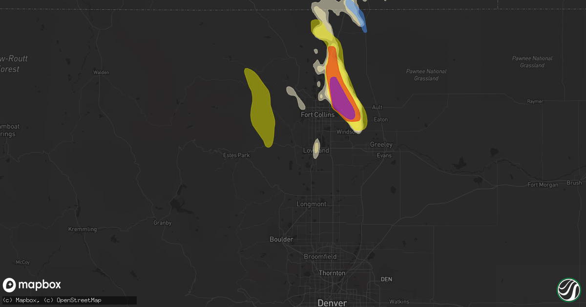 Hail map in Loveland, CO on July 27, 2022