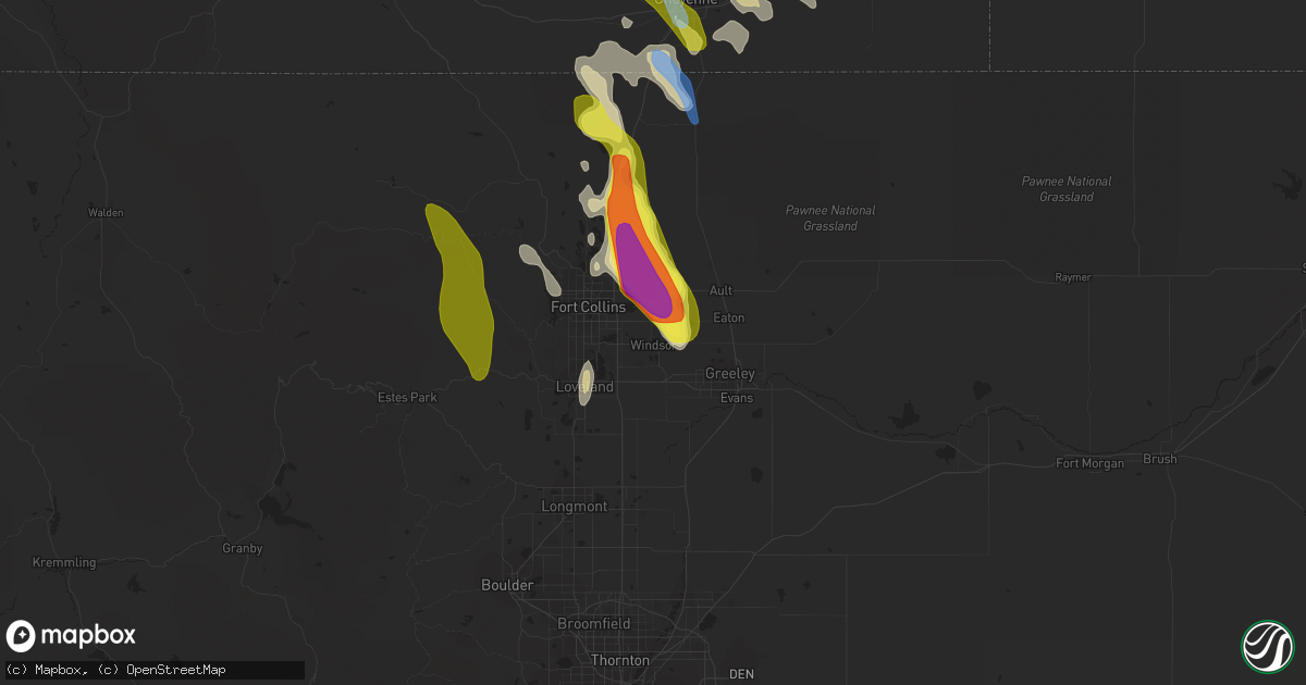 Hail map in Windsor, CO on July 27, 2022