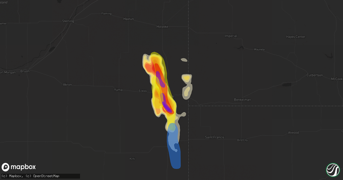 Hail map in Wray, CO on July 27, 2022