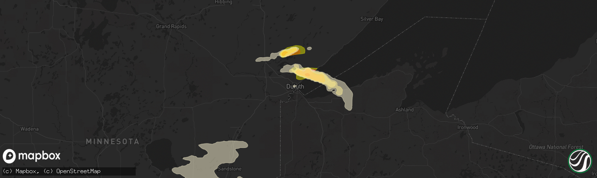 Hail map in Duluth, MN on July 27, 2023
