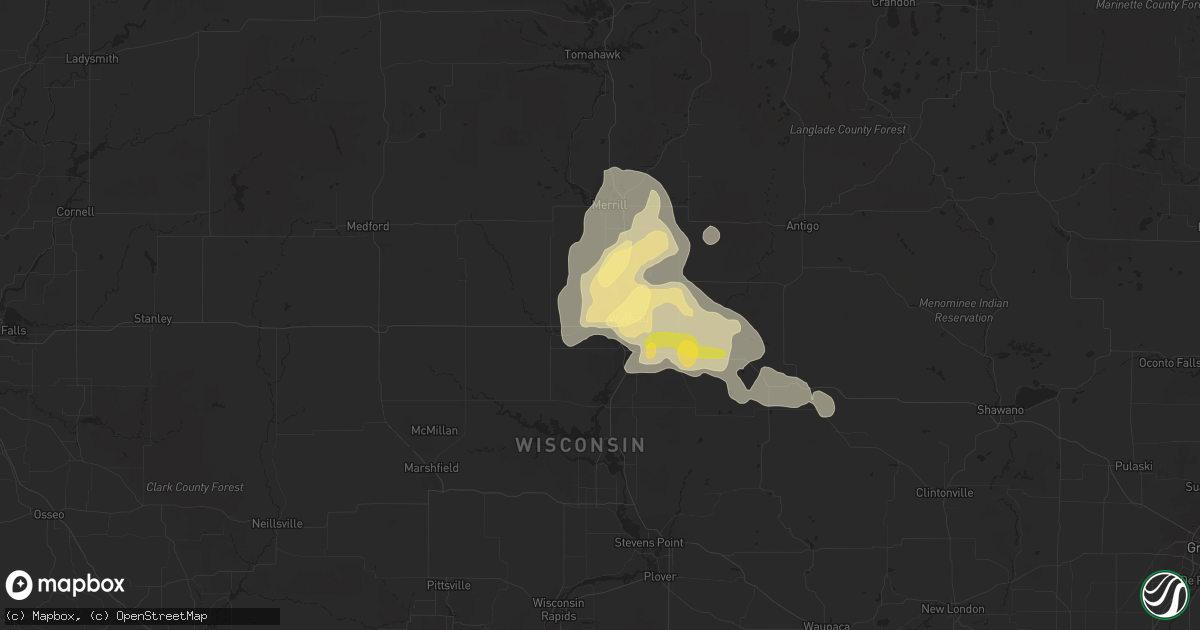 Hail map in Wausau, WI on July 27, 2023