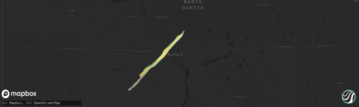 Hail map in Bismarck, ND on July 27, 2024